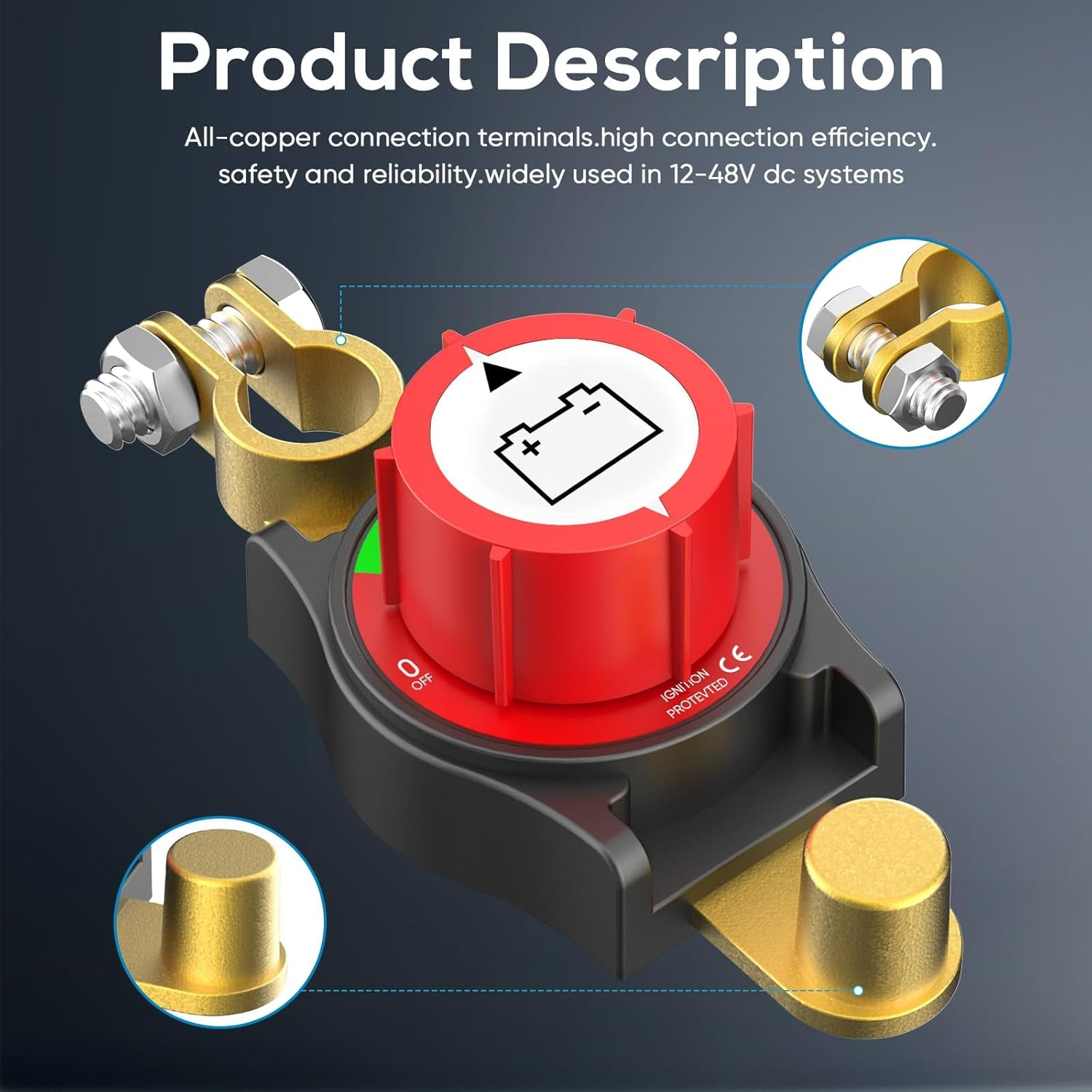 Top Post Battery Disconnect Switch 12v, Battery Kill Switch Negative On/Off 12-48V Top Post Battery Switch Heavy-Duty Battery Disconnect Switch for Cars, Vehicles, RVs, and Boats