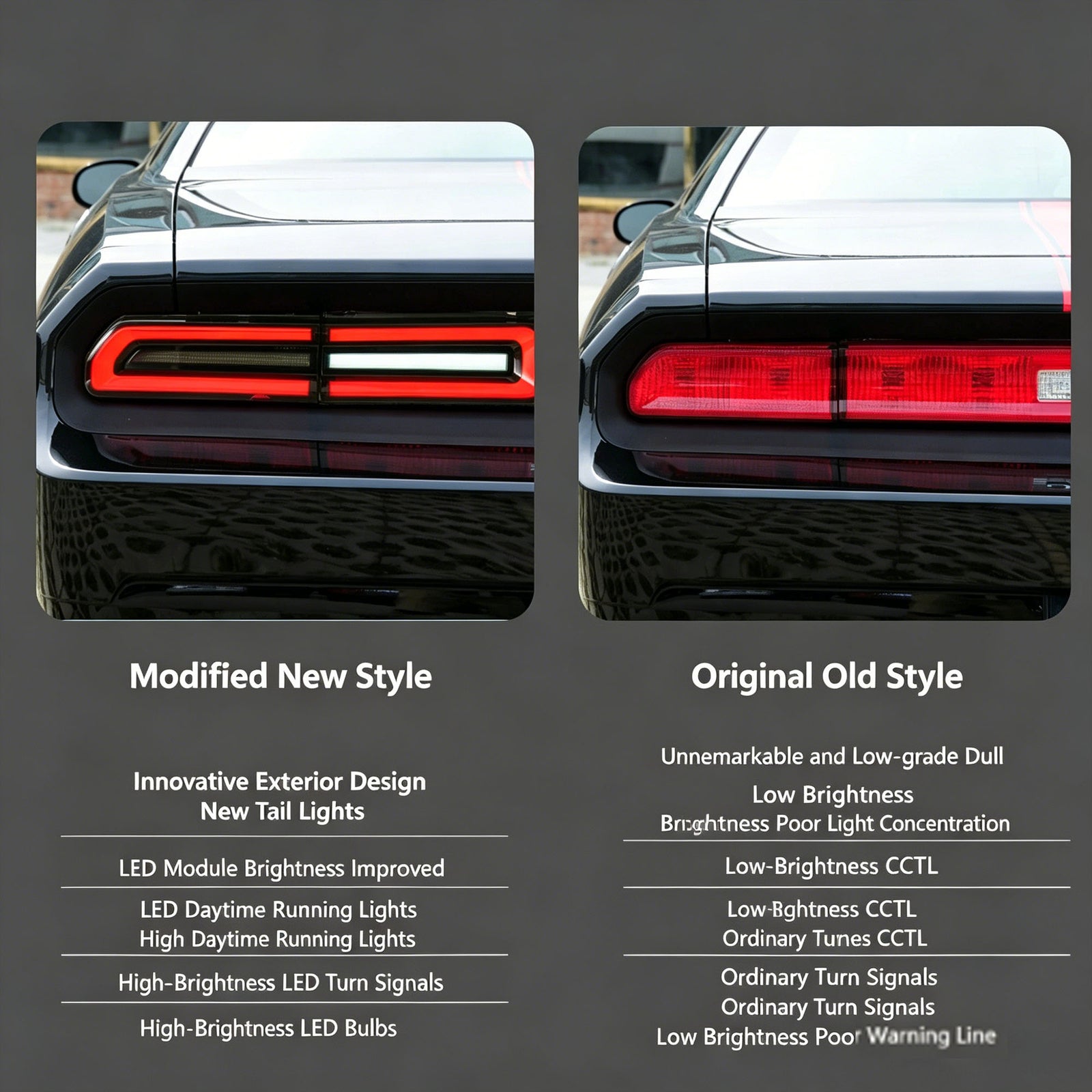 Suitable for retrofitting 2008-2014 Dodge Challenger Hellcat taillight assembly with LED taillights and sequential turn signals.