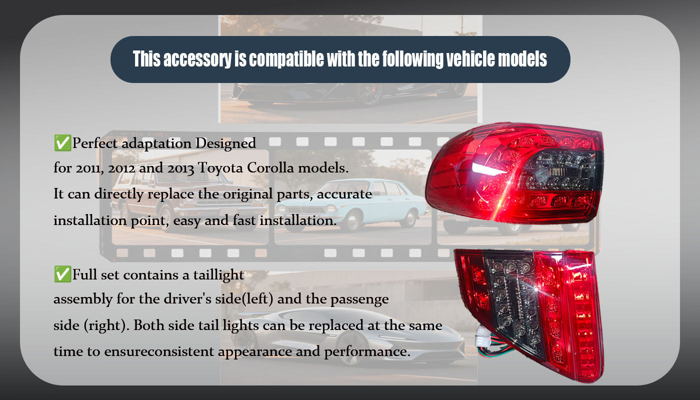 LED taillight assemblies for 2011-2013 Toyota Corolla - driver's and passenger's side rear brake lights and turn signals, tinted lenses, plug and play, one pair